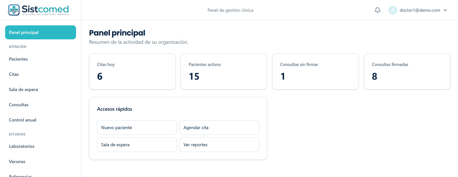 Panel principal de Sistcomed